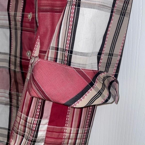 Allison Daley Petite Shirt Collar Button Up Plaid Stripe 3/4 Flip Split Cuff Top - Picture 3 of 12